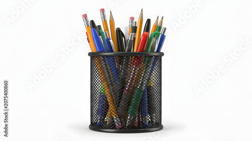 Black mesh pencil holder with pens isolated on a white background in a realistic cartoon 3D illustration, ideal for office and education themes.