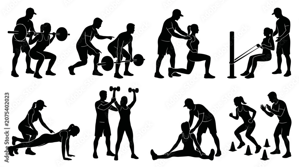 Obraz premium Fitness Silhouettes Collection Featuring Athletes Training with Weights Bench Press Squats and Lunges for Gym Motivation and Healthy Lifestyle Graphic Design. PNG FILE