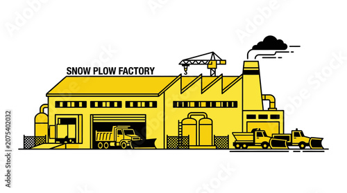 Industrial Snow Plow Factory Building with Trucks and Machinery, Yellow Line Art