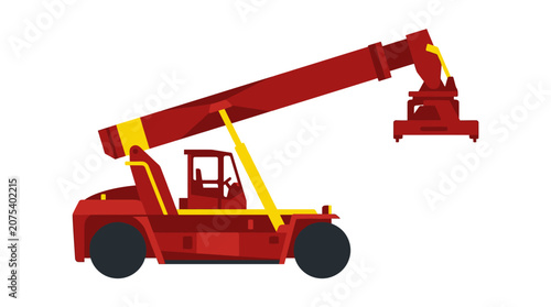 Red Container Reach Stacker Truck Lifting Heavy Load in Port - Vector Illustration