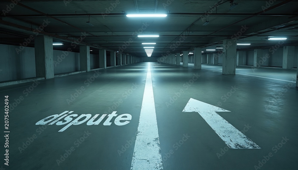 Obraz premium Concrete parking garage with floor markings and signs. One path shows dispute, another path has an arrow indicating direction. Choice and conflict symbolized in this empty urban space.