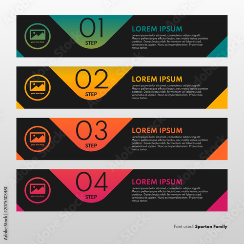 Business infographic timeline vector illustration with four steps and dark horizontal cards menu layout with colorful gradient inverted triangle tabs