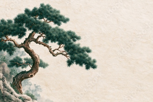Korean Traditional Pine Tree Ink Brush Painting on White Background
