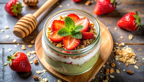 Healthy Matcha Yogurt with Strawberries.