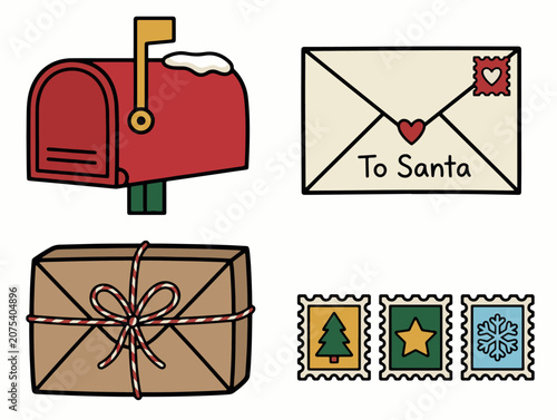 Holiday mail and gift illustrations with red mailbox Santa envelope package and festive stamps