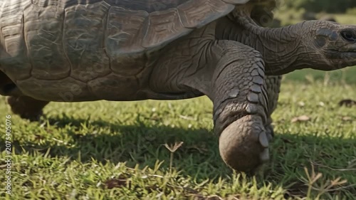 Giant Galápagos Tortoise Walking Slowly Through Grassy Meadow Plains