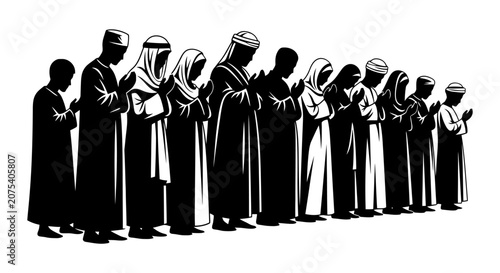 Foto Silhouetted Group of Traditional Dressed Individuals in a Line.