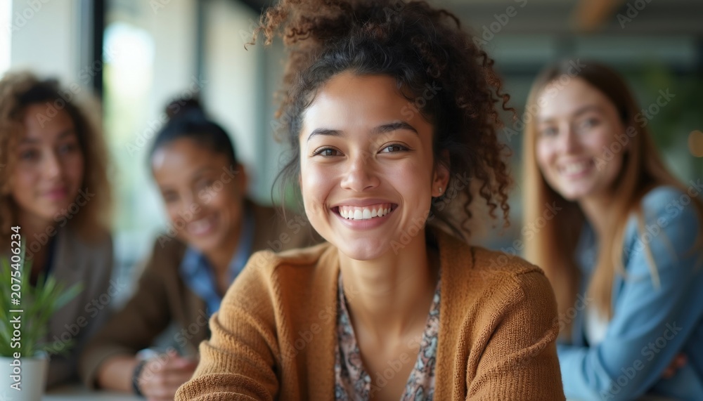 Obraz premium Diverse young women work together in office meeting. Friends share ideas, collaborate happily, build business strategy. Teamwork in modern workplace fosters connection and success.