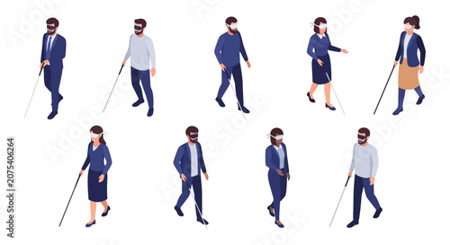 Obraz na plátne Group of Blind Individuals Walking with White Canes.