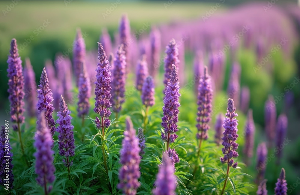 Obraz premium Field of blooming purple alfalfa flowers under summer sun. Green stalks and leaves create lush natural backdrop. Agriculture and flora beauty.