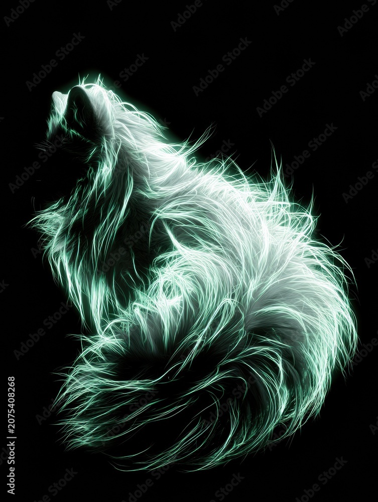 Fototapeta premium Focus on a fluffy tail of an arctic fox glowing with neon light and surrounded by a pale green halo in dark surroundings.