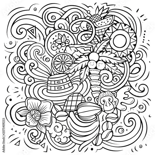Tropical Summer Vacation Doodle Hand Drawn Illustration with Exotic Fruits and Nature Elements