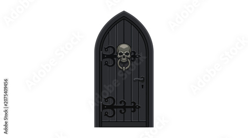 Gothic black door featuring silver skull door knocker