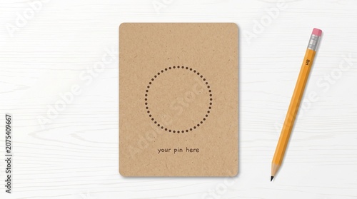 Kraft paper enamel pin backing card mockup with dotted circle frame and pencil on white wooden table vector illustration