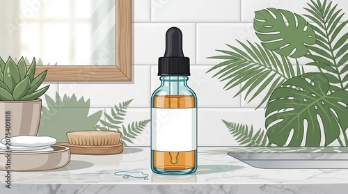 Cosmetic serum dropper bottle mockup on marble bathroom counter with monstera leaves and mirror vector illustration