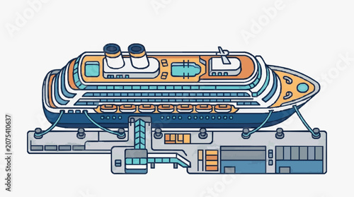 Foto Modern cruise ship docked at a terminal with gangway.