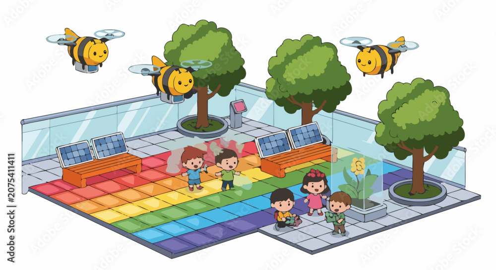 Fototapeta premium Children learning about bees and nature in a colorful classroom.