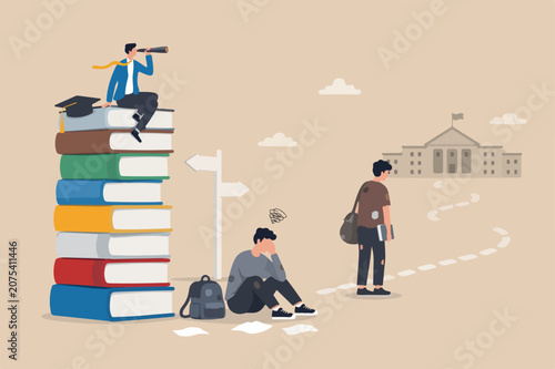 Photos Education inequity, academic degree or institution bias, imbalance or chance or