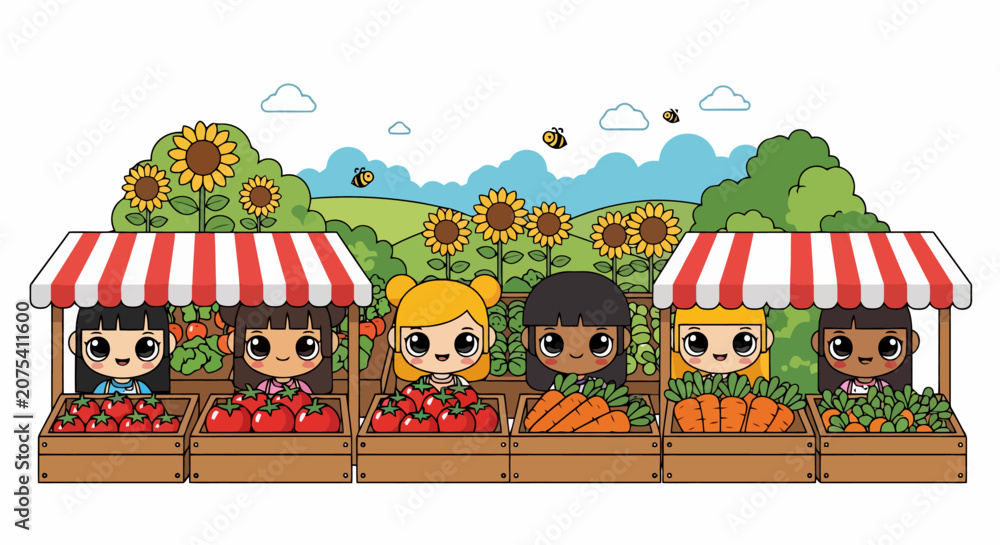 Naklejka premium Cute cartoon children selling fresh produce at a vibrant outdoor market stall.