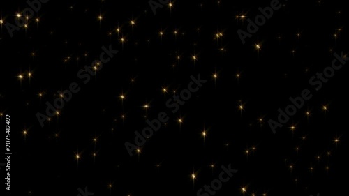 Night sky with shining stars, animated sparkle glitter on black. Festive shining background, magic gold dust explosion, twinkling particle burst surprise effect