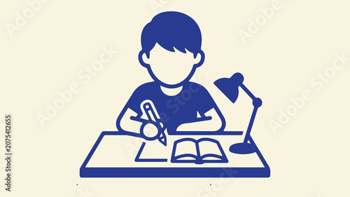 Canvas Print Student doing homework at desk with lamp in home learning environment blue vector icon