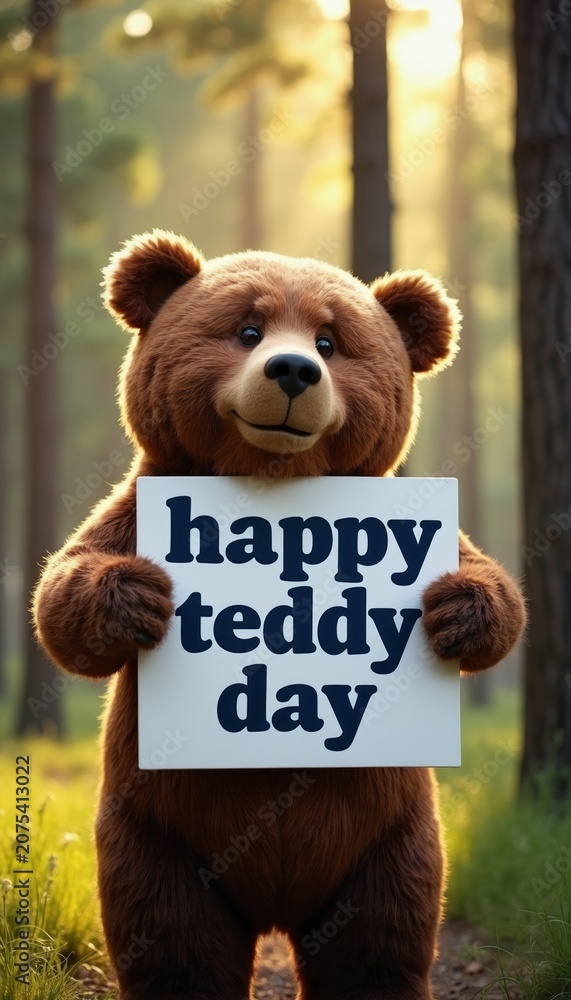 Obraz premium Brown bear holds sign saying Happy Teddy Day in sunny forest. Cute animal celebrates holiday, shares message of love. Wild creature offers warm greetings.