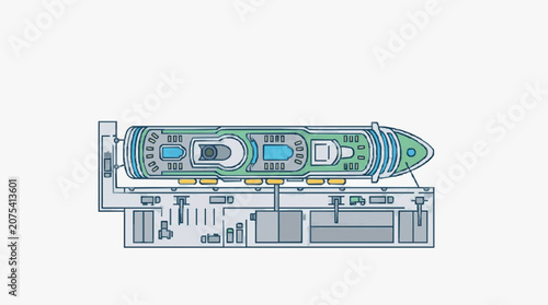 Cuadro en lienzo Top view schematic of a large cruise ship docked at a port terminal