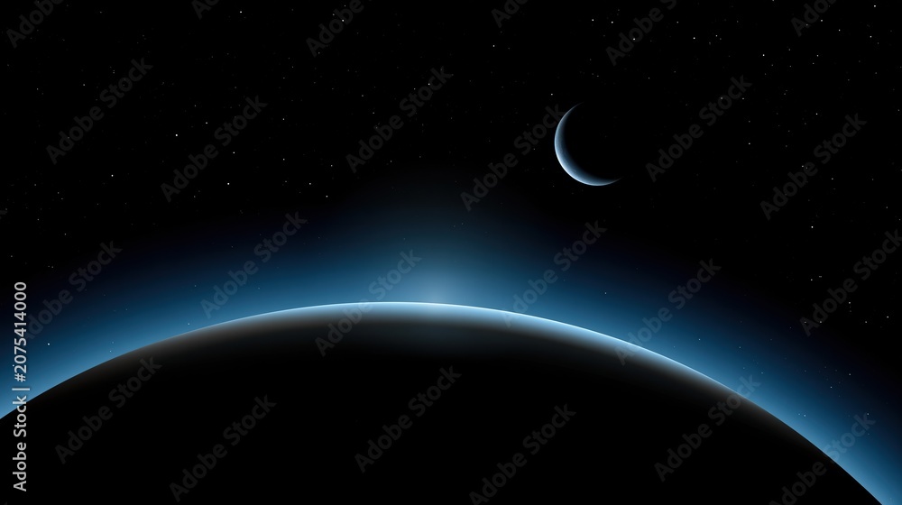 Obraz premium Deep outer space view with curved planet horizon, small crescent moon and bright tiny stars on dark black sky for cosmic astronomy exploration concept