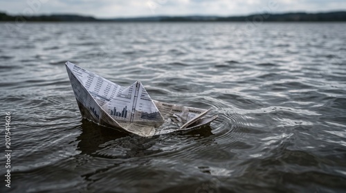 Paper boat made of financial newspaper reports sinking in water conceptualizing business bankruptcy economic failure company collapse and market crisis ruin