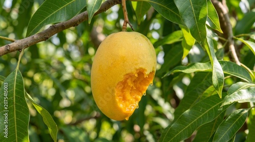 Close up of partially eaten ripe mango hanging on tree with fresh juicy exposed flesh