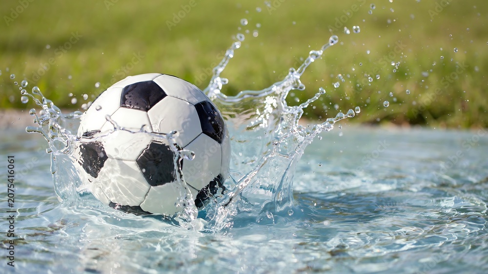 Naklejka premium Soccer ball splashing in clear blue water on sunny day outdoors