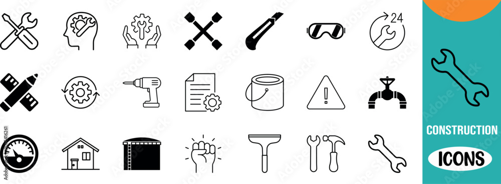 Fototapeta premium Industrial tools and construction icons. wrench icon set, screwdriver icon set, drill icon set