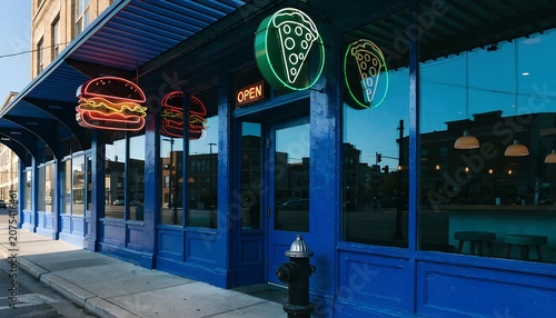 Exterior of urban restaurant with neon signs at dusk restaurant exterior
