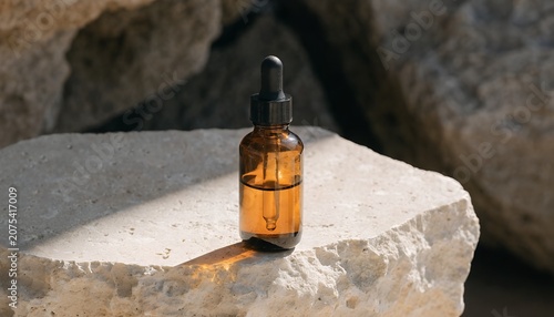 Small amber skincare serum bottle with dropper resting on natural stone rock
