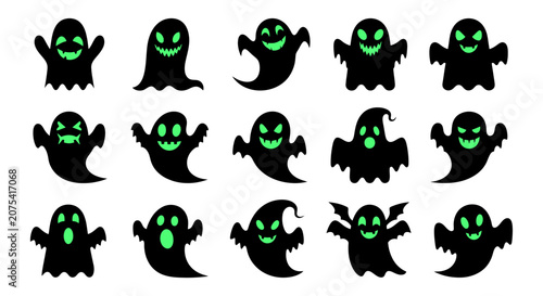 Εκτύπωση καμβά Spooky Cartoon Ghosts with Glowing Green Eyes and Playful Expressions