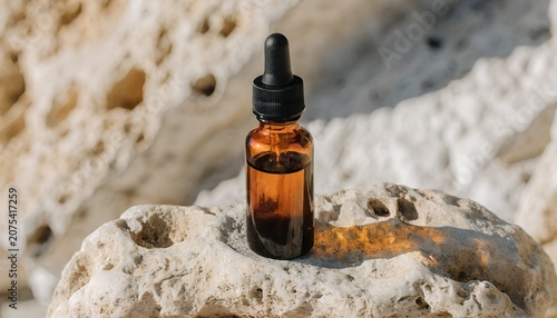 Amber glass dropper bottle for organic essential oil on natural textured stone