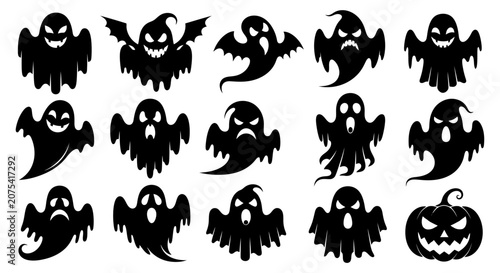 Fotografie Group of Halloween Ghost Silhouettes and Pumpkin.