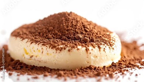 Close up of white mousse dessert with cocoa powder.