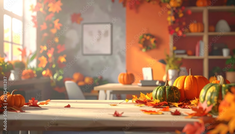 Obraz premium Cozy autumn interior with pumpkins and fall leaves.