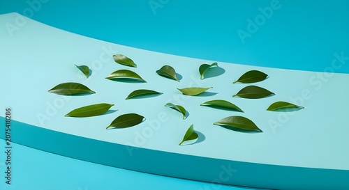 Green leaves scattered on curved platform over blue background
