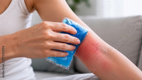 Woman cooling irritated red arm rash with ice pack at home, allergy, itching, dermatology, treatment, healthcare