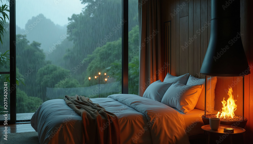 Fototapeta premium Cozy bedroom with bed and fireplace, viewed through window. Heavy rain falls outside, lush green forest visible. Warm light from fire contrasts with cool, wet weather.