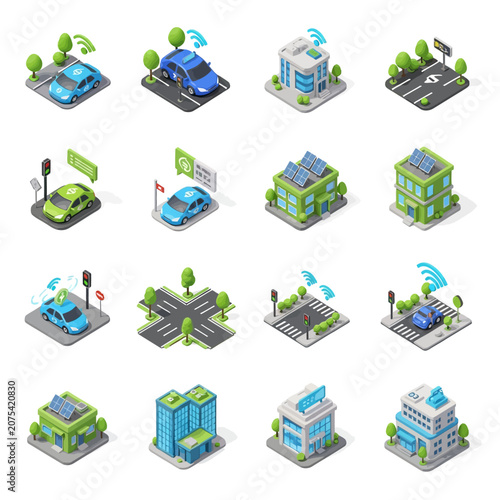 Isometric city transportation and buildings icons.