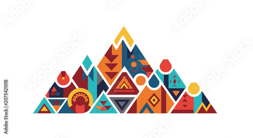 Abstract Geometric Mountain Illustration with Tribal Patterns and Vibrant Colors.