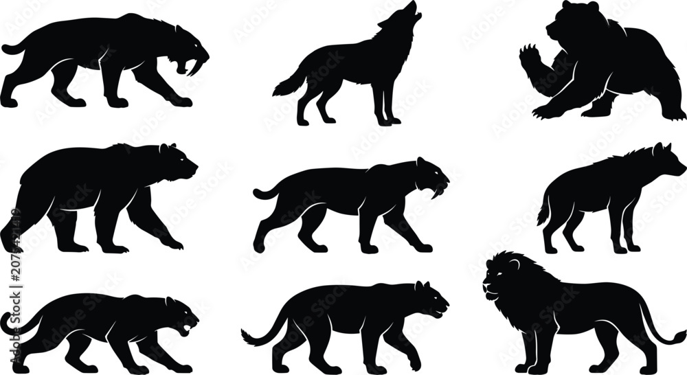 Obraz premium Prehistoric Ice Age Megafauna Predator Silhouette Set Featuring Saber Toothed Tiger Dire Wolf Cave Bear and Lion Vector Icons