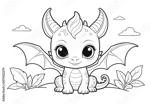 Cute Baby Dragon Coloring Page for Kids Hand Drawn Vector Illustration