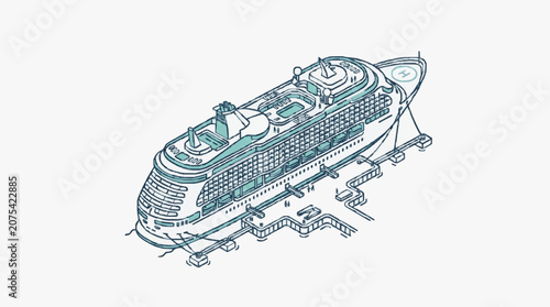 Detailed Illustration of a Large Cruise Ship Docked at a Port.