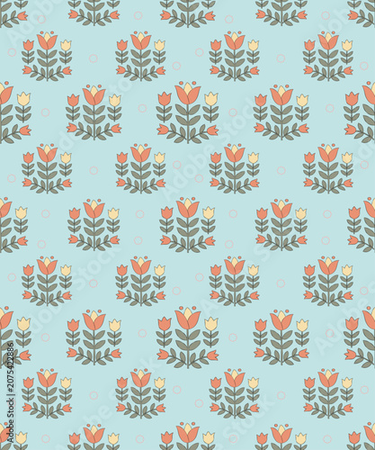 Folk Art Floral Pattern: A repeating pattern of stylized folk art flowers in shades of orange, yellow, and green on a light blue textured background, evoking a charming and nostalgic aesthetic.