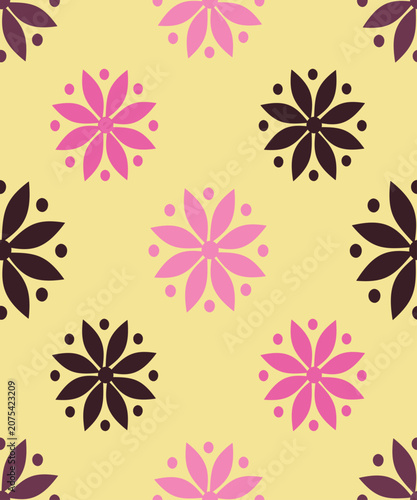 Abstract Floral Pattern: A seamless repeating pattern features stylized flowers in shades of pink and dark brown against a soft yellow background, creating a vibrant and decorative design.