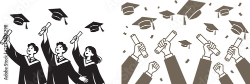 Graduation vector illustration set with happy students throwing caps and hands holding diplomas